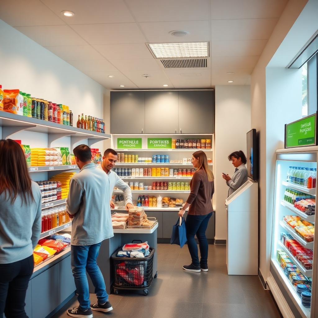 Modern office micro market with open shelving, fresh food, and a self-checkout kiosk